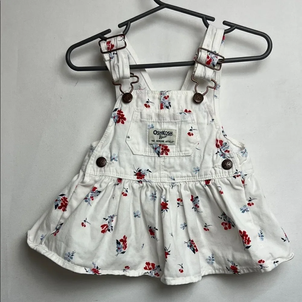 OshKosh B’Gosh white cotton red and blue floral overall dress EUC size 3 months